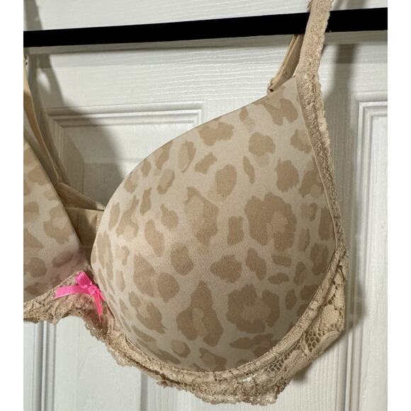 Xhilaration Nude Leopard Print Bra, 2 Hooks, Padded Push-Up, Lace, Bow, 36C - Picture 2 of 6